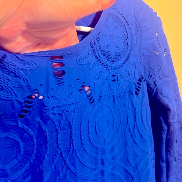 S/M Bodycon Dark Blue Dress OpenWork Round Neck two-third OpenWork Sleeve Mini - Picture 4 of 9